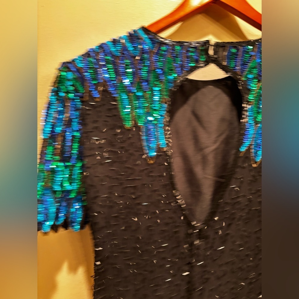 Vintage 100% silk beaded Elegant Black and Blue Sequin Dress stenay size 8 - Picture 8 of 16